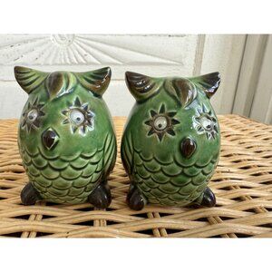 Vintage 1970s Green Googly Eye Owl Salt And Pepper Shakers
